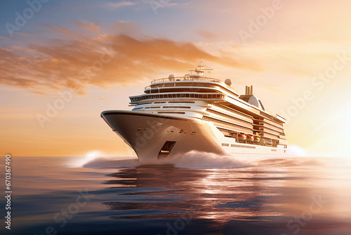 A huge cruise line travels across the sea. Sea travel vacation. Seascape overlooking a cruise liner. Passenger liner on the high seas. Tourist travel in the ocean.