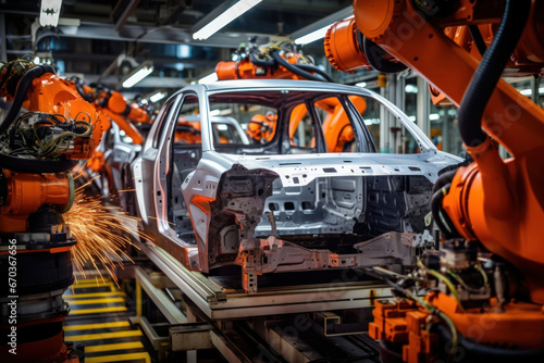 Assembly line for the production of modern cars. Robots weld a car body on a conveyor belt. Automated assembly. Modern technologies.