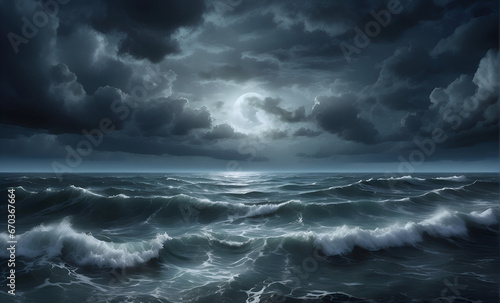 storm clouds over the sea with cloud covered moon in the sky