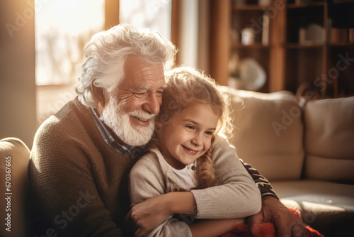 An elderly man with a little girl in the room. They hug, have fun and rejoice at the meeting. Meeting of granddaughter and her grandfather. Caring for the elderly. Family values. photo