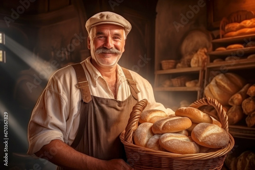 An elderly male baker with a basket of bread. A man works as a baker in a bakery. Private bread production. Small business. Demonstration of fresh bread.