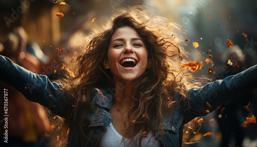 Young woman enjoying the autumn forest, smiling with joy and freedom generated by AI