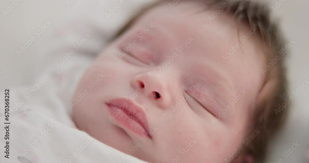 Baby, sleeping face and nursery bed with morning, nap and dreaming of a young newborn at home. Cozy, sleepy kid and calm with health development from rest and peace in a house with closeup and care Baby, sleeping face and nursery bed with morning, nap and dreaming of a young newborn at home. Cozy, sleepy kid and calm with health development from rest and peace in a house with closeup and care