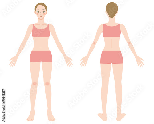 女性の全身の前姿と後ろ姿