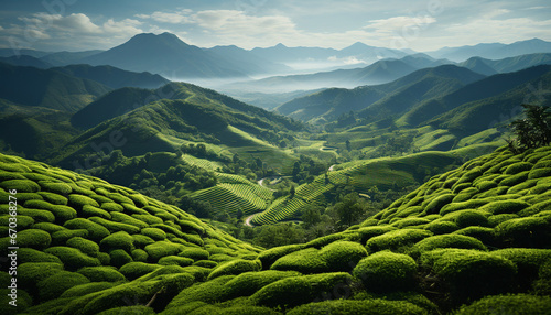 Tranquil tea farm nestled in misty mountain landscape generated by AI © Jemastock