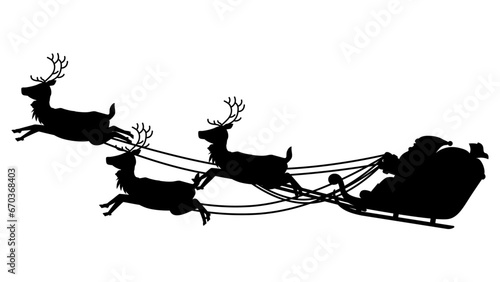 3匹のトナカイが引くソリに乗ったサンタクロースのシルエット　クリスマスのイラスト素材