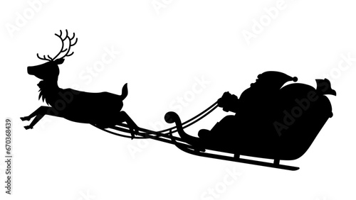 空を飛ぶトナカイのソリに乗ったサンタクロースのシルエット　クリスマスのイラスト素材