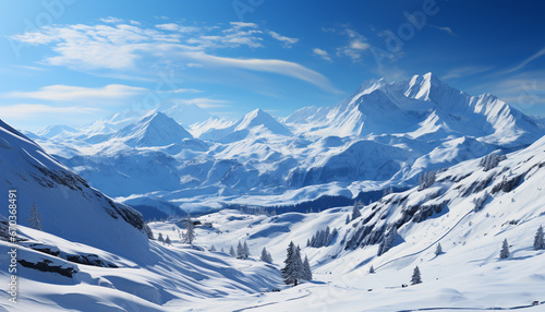 Majestic mountain peak, blue sky, frozen landscape, tranquil scene generated by AI © Jemastock