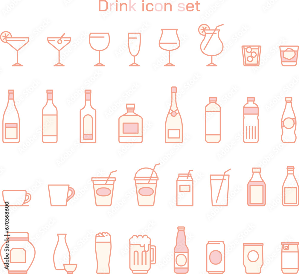 ドリンクのアイコンイラストセット　シンプル　線画　飲み物　飲食　広告　白背景　アルコール　ピンク