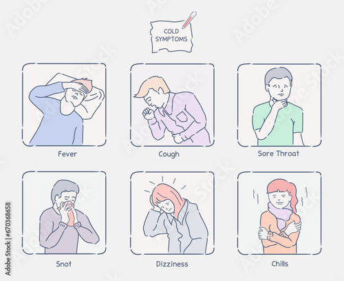Various symptoms of people suffering from colds.