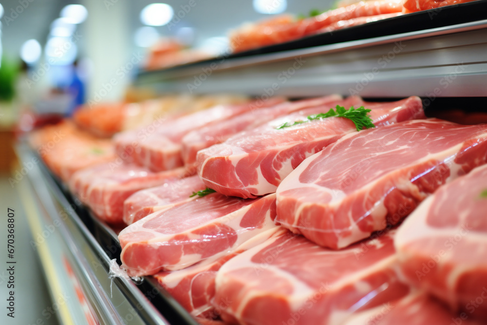 Close up of fresh meat on display in supermarket, shallow depth of field