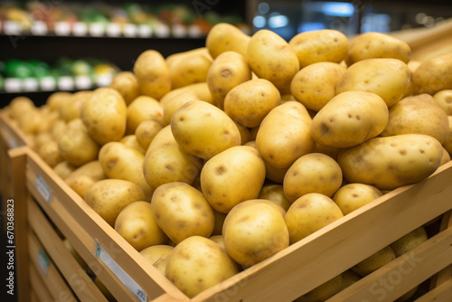 Potatoes in a wooden box on the counter of the supermarket