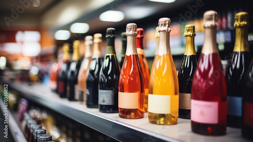 Bottles of champagne on a shelf in a wine store. Selective focus. photo