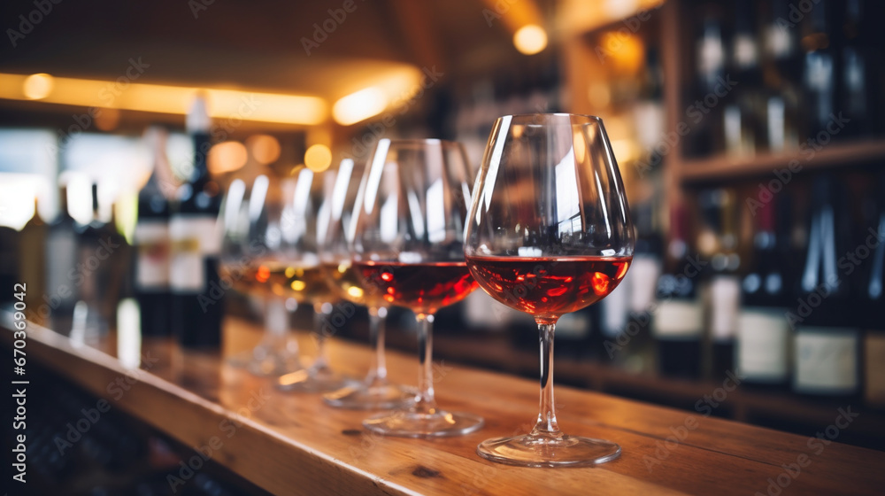 Glasses of red and white wine on bar counter in wine store