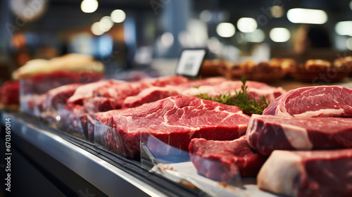 Close up of fresh meat on display in supermarket, shallow depth of field photo