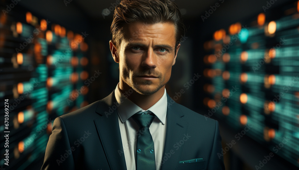 Confident businessman, serious and successful, standing indoors, looking at camera generated by AI Confident businessman, serious and successful, standing indoors, looking at camera generated by AI