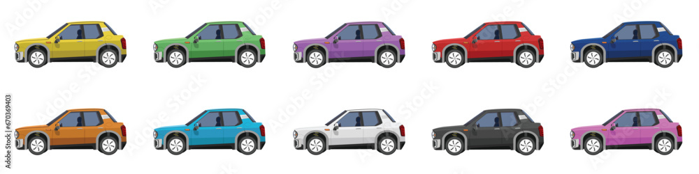 Naklejka premium Vector or Illustrator of mini cars colorful collection. Design of electric vehicles car. Colorful cars with separate layers. On isolated white background.