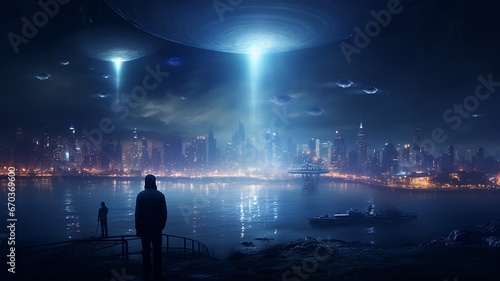 alien visit, flying UFO saucer lands in mysterious atmosphere of night fog © kichigin19