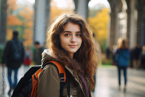 The portrait of a smiling female student freshman carrying a backpack shot at the entrance of a college or university on the first day, blurry background. Generative AI.