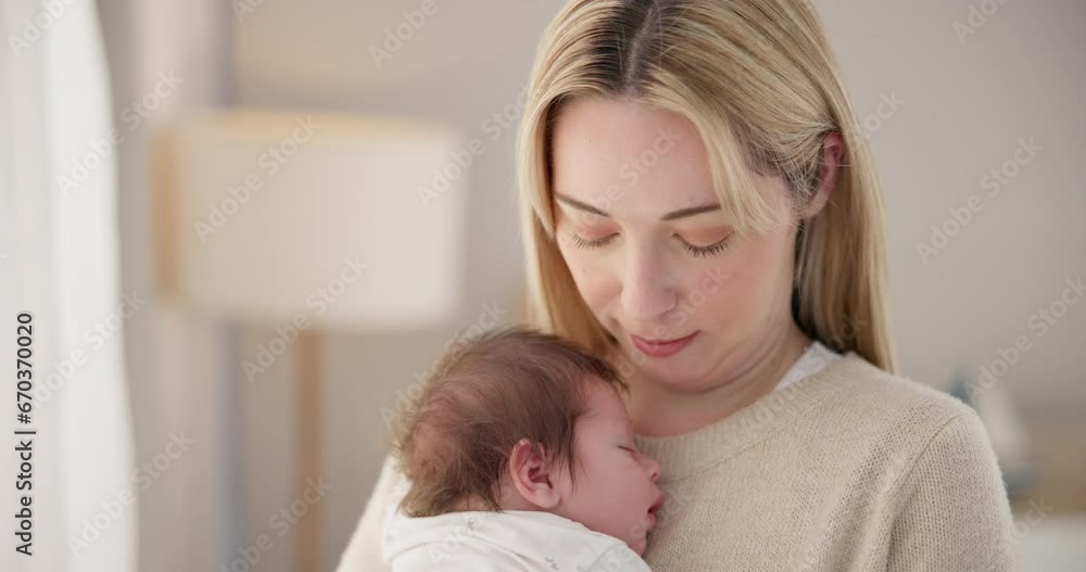 Newborn, love and mother with baby for sleeping, bonding and child development together at home. Family relationship, motherhood and mom carry infant for care, support and dreaming in nursery room Newborn, love and mother with baby for sleeping, bonding and child development together at home. Family relationship, motherhood and mom carry infant for care, support and dreaming in nursery room