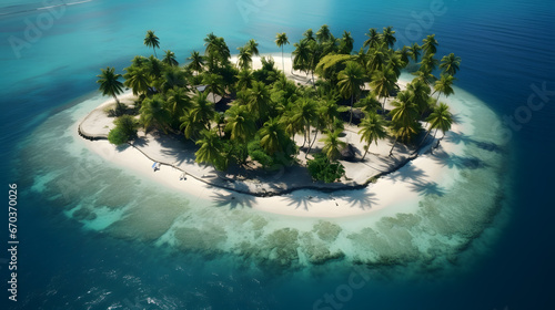 Tiny tropical island with hut and palm tree surrounded sea blue water.