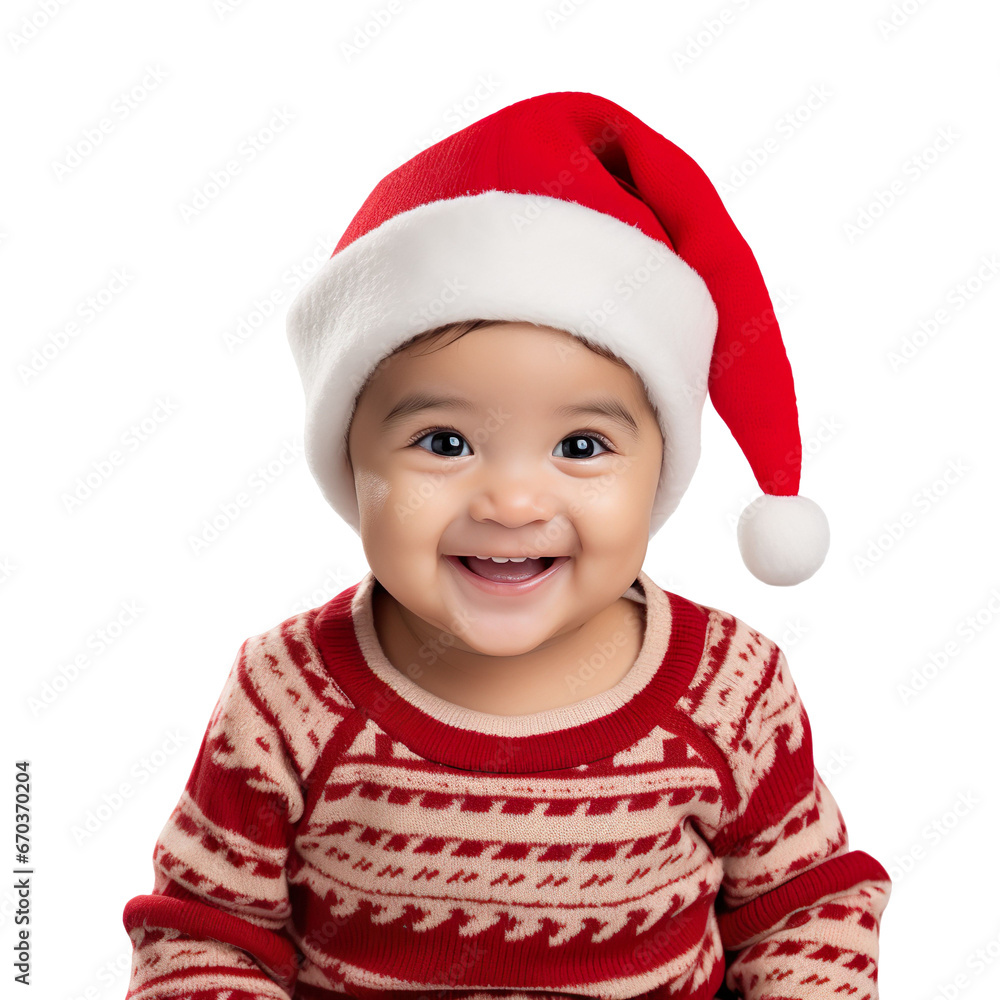 latin Baby in a Santa cap hat and a Christmas sweater isolated on a white transparent background
latin Baby in a Santa cap hat and a Christmas sweater isolated on a white transparent background