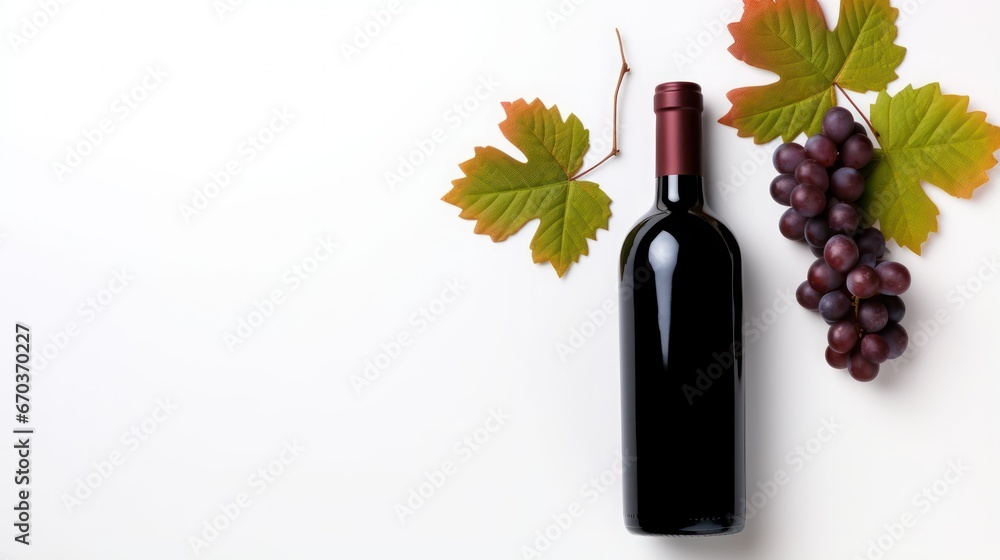 bottle of red wine with grapes on an isolated white background