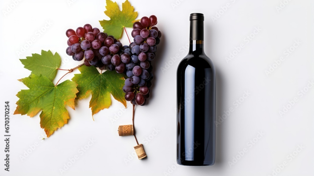 bottle of red wine with grapes on an isolated white background