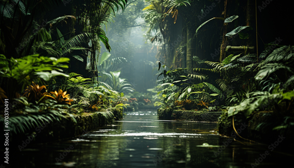 Tranquil scene wet fern reflects dark, mysterious tropical rainforest generated by AI Tranquil scene wet fern reflects dark, mysterious tropical rainforest generated by AI