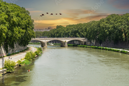 Ponte Umberto I bridge over Tiber river at city of Rome in Italy