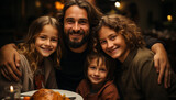 A happy family, smiling together, enjoying a meal at home generated by AI
