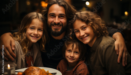 A happy family, smiling together, enjoying a meal at home generated by AI