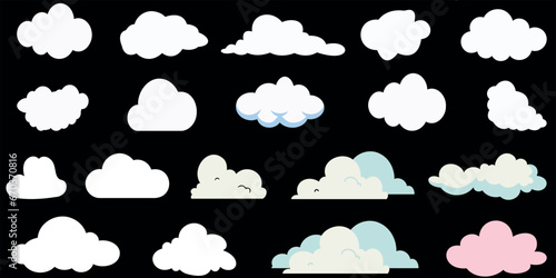 diverse set of cloud vector illustration Modern, minimalistic types in pastel colors on a black background. Perfect for weather, nature, and sky related designs.
