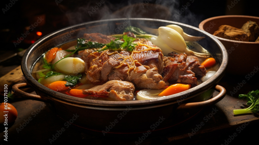 Pork belly and vegetable stew, Steaming hot, Close-up on the ingredients Pork belly and vegetable stew, Steaming hot, Close-up on the ingredients