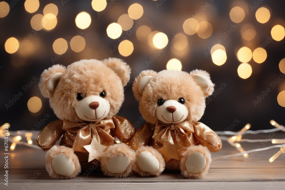 A close-up Christmas-themed background image featuring two teddy bears, with room for customization to create a festive and personalized atmosphere. Photorealistic illustration A close-up Christmas-themed background image featuring two teddy bears, with room for customization to create a festive and personalized atmosphere. Photorealistic illustration