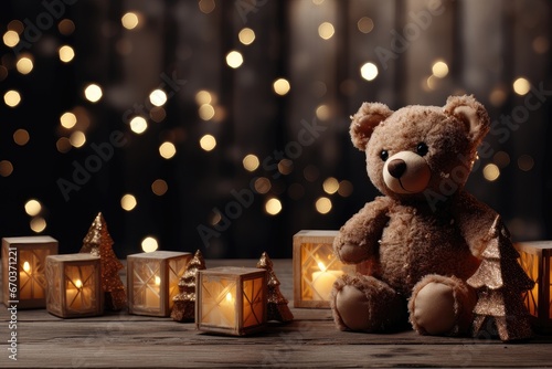 A Christmas-themed background image with a teddy bear and candlelights, offering space for customization to create a festive atmosphere for your creative content. Photorealistic illustration © DIMENSIONS