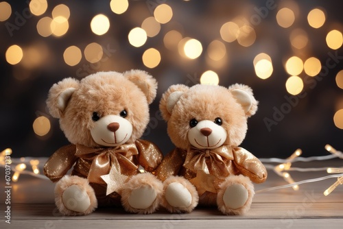 A close-up Christmas-themed background image featuring two teddy bears, with room for customization to create a festive and personalized atmosphere. Photorealistic illustration