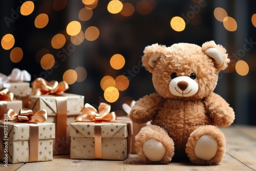 A Christmas-themed background image featuring presents with ribbons and a teddy bear, with room for customization to create a festive and personalized atmosphere. Photorealistic illustration