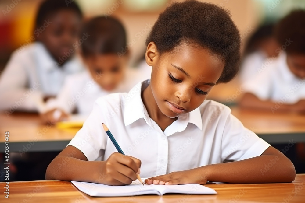 The portrait of a black primary student is written on a notebook for taking lesson notes or doing activity in a classroom school with classmates as a background. Generative AI. The portrait of a black primary student is written on a notebook for taking lesson notes or doing activity in a classroom school with classmates as a background. Generative AI.