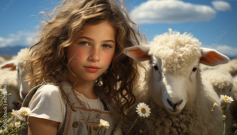 Smiling girl in nature, surrounded by cute animals, enjoying summer generated by AI Smiling girl in nature, surrounded by cute animals, enjoying summer generated by AI