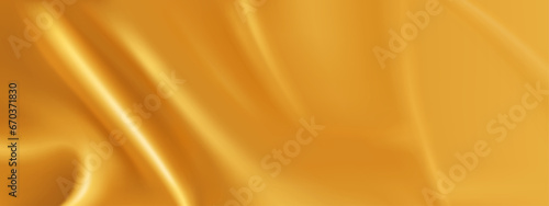 Golden silk material background with liquid ruffles effect. Realistic vector illustration of gold satin fabric texture with waves and folds. Backdrop of royalty smooth and soft drapery cloth surface.