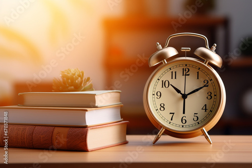 Alarm clock placed near textbooks stacked