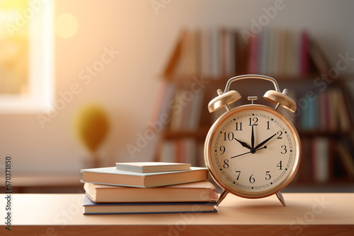 Alarm clock placed near textbooks stacked