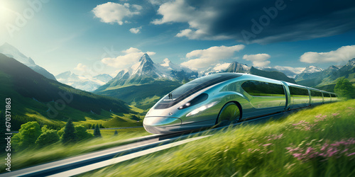 Train on the railway station in switzerland high speed train on the tracks Speeding Into the Future High Tech Commuting with green grass and mountain on the sky background Ai Generative © Hafiz