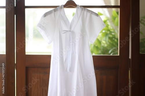 Slika na platnu white baptismal gown draped over a wooden hanger