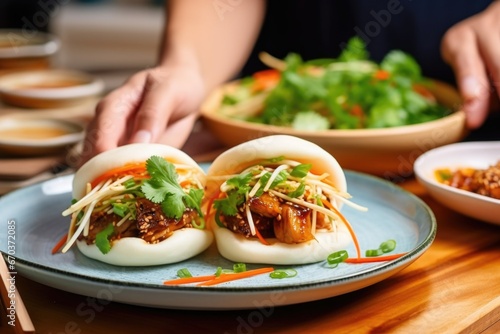 hand serving a bao bun from a communal dish onto a personal plate