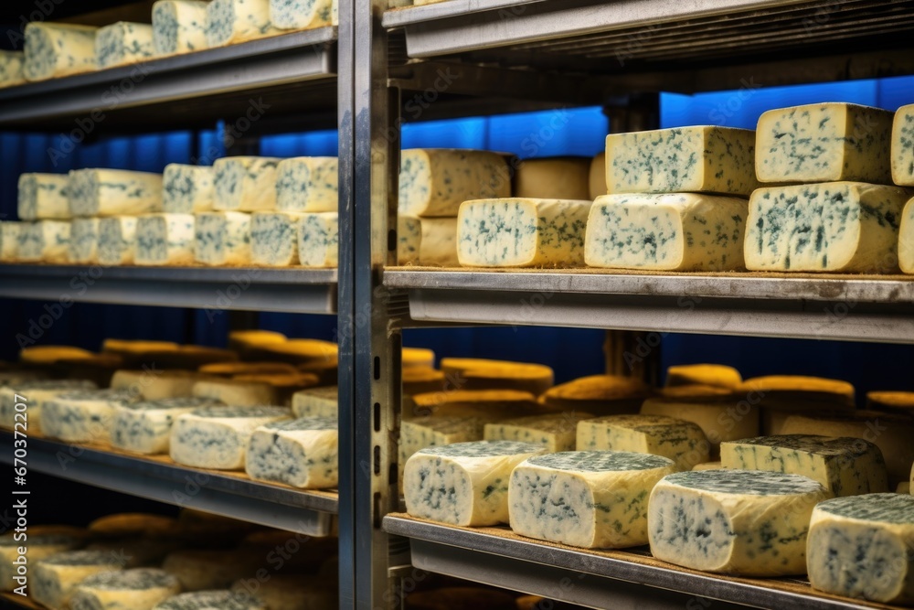 rows of blue cheese loaves under dim lighting