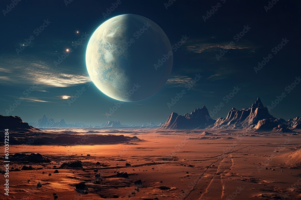 The moon's surface with Earth in the background, highlighting the desolate beauty of the lunar landscape