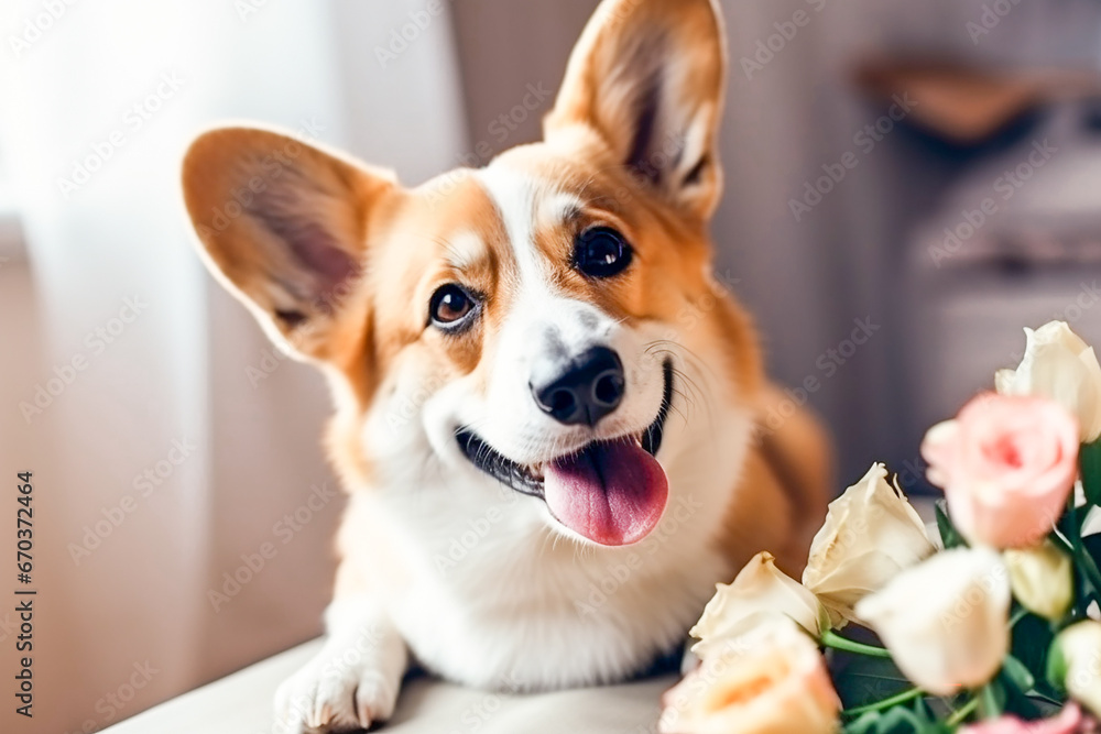Greeting card smiling corgi dog with flowers Greeting card smiling corgi dog with flowers