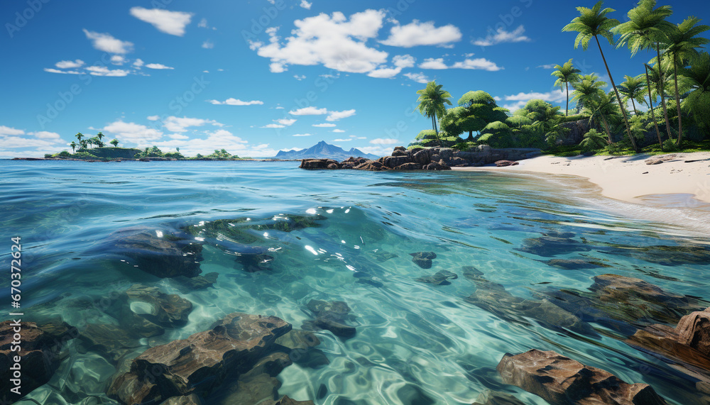 Idyllic tropical coastline, transparent underwater beauty, tranquil green forest generated by AI